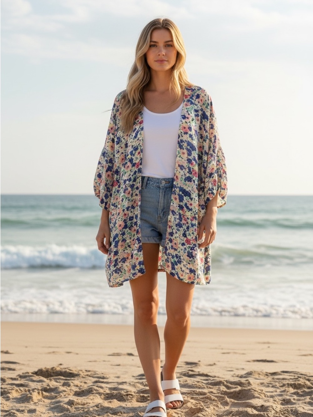 Francesca's Collections floral  beach kimono coverup multicolor M open front